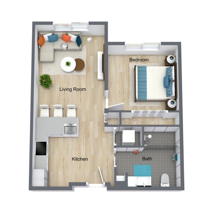 A welcoming layout featuring a comfortable living area, cozy bedroom, and functional kitchen, perfect for community living.