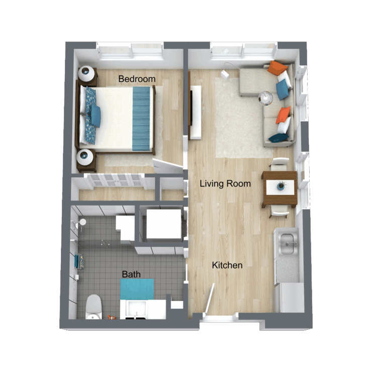A welcoming layout featuring a bright living space, cozy bedroom, and functional kitchen, perfect for community living.