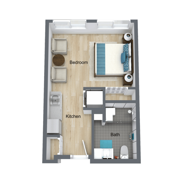 A welcoming layout featuring a comfortable bedroom, cozy seating, and a functional kitchen, ideal for community living.
