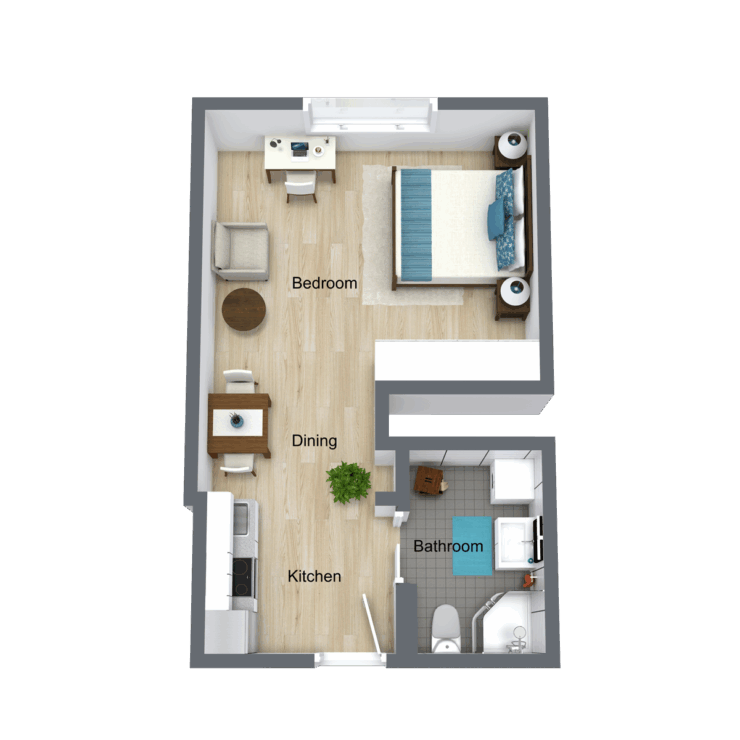 A well-designed living space featuring a bedroom, dining area, and kitchen, promoting comfort and community.