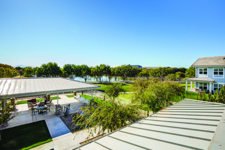 A serene outdoor space with lush greenery, inviting seating, and a tranquil water view fosters community and comfort.