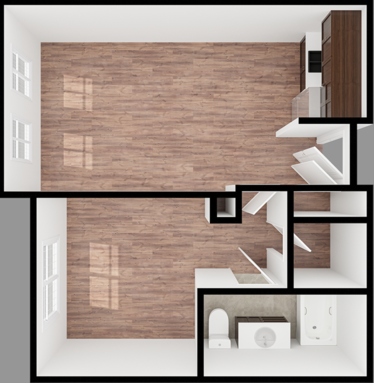 Bright, open apartment layout with natural light, designed for comfortable independent living.