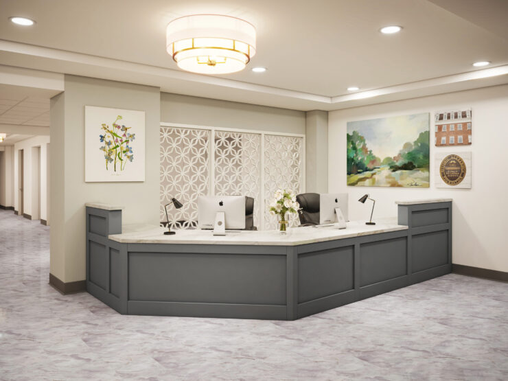 A welcoming reception area featuring elegant decor, bright lighting, and a friendly atmosphere.