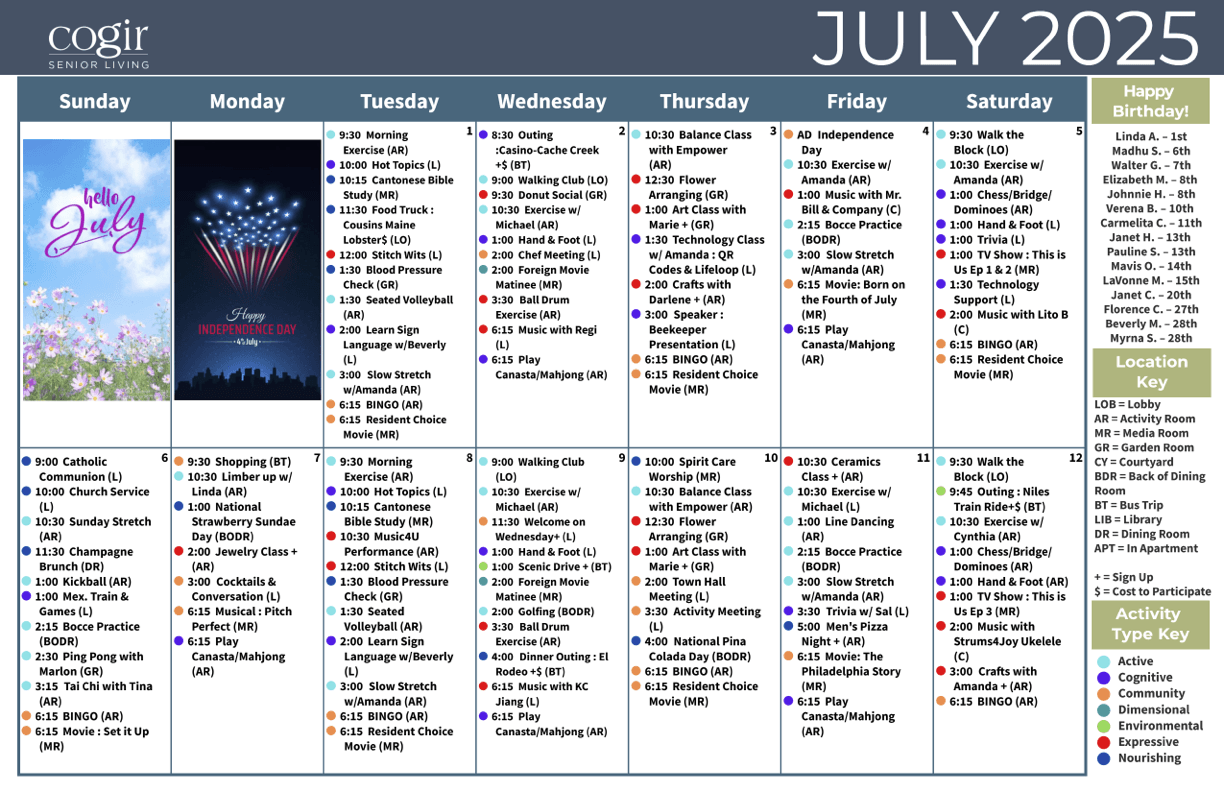 A vibrant calendar for July 2025 showcases engaging activities, fostering community and connection among residents.