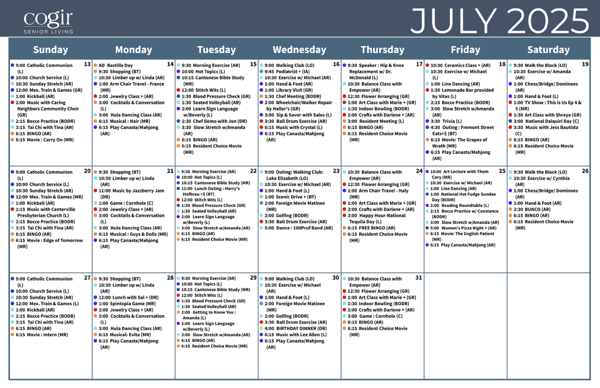 A vibrant calendar showcases engaging activities, fostering community and comfort for residents.