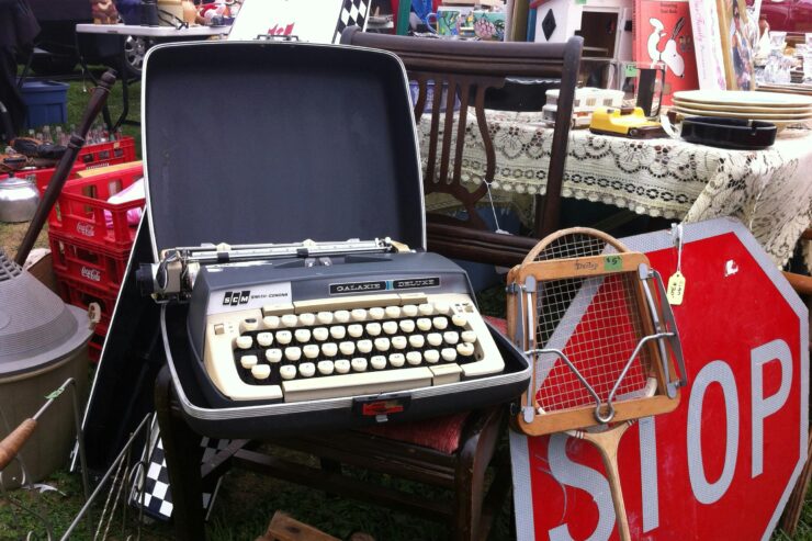 A vibrant marketplace filled with charming antiques, inviting conversation and nostalgia.