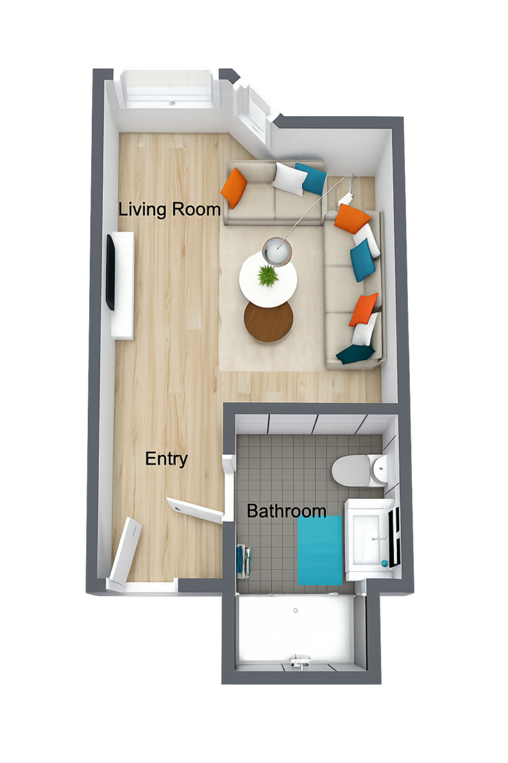 A welcoming layout featuring a bright living area and accessible bathroom, perfect for community living.