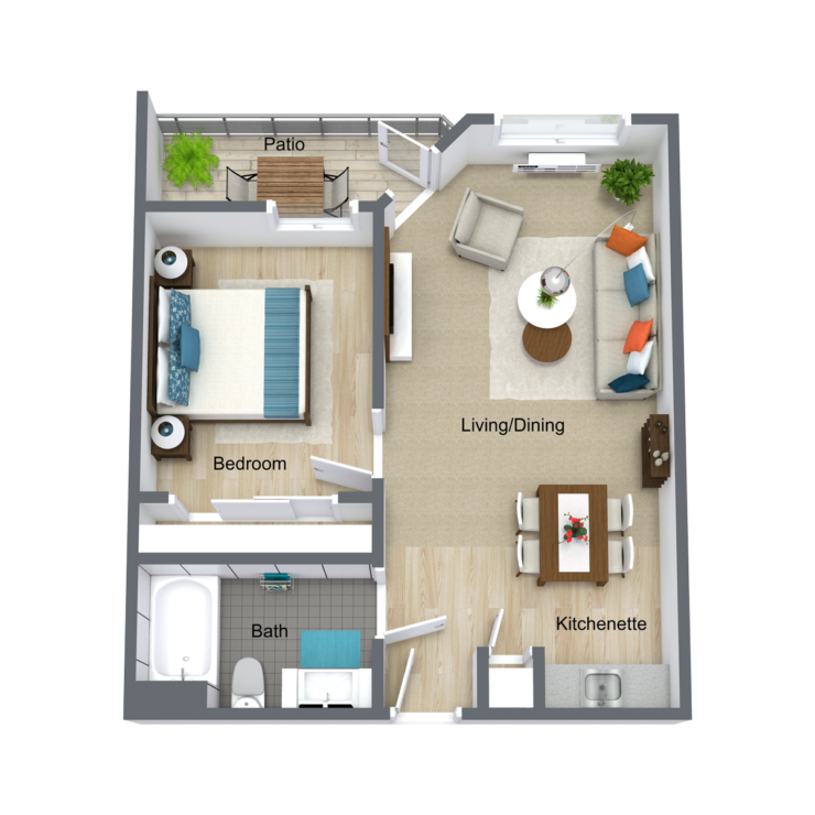 Bright and inviting layout, featuring a comfortable living space, cozy bedroom, and a lovely patio for relaxation.