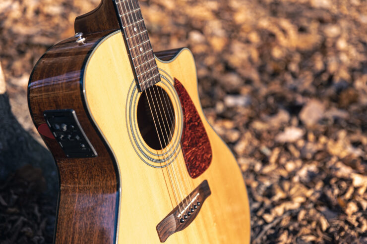 A beautifully crafted guitar rests among autumn leaves, inviting moments of music and connection.