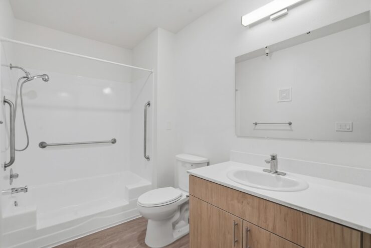 A bright and accessible bathroom designed for comfort and ease, promoting independence and safety.