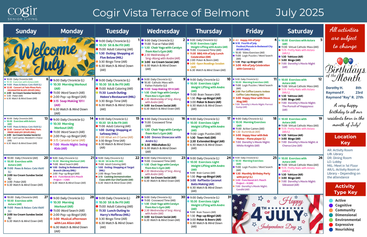 A vibrant calendar showcases engaging activities, fostering community and connection among residents.