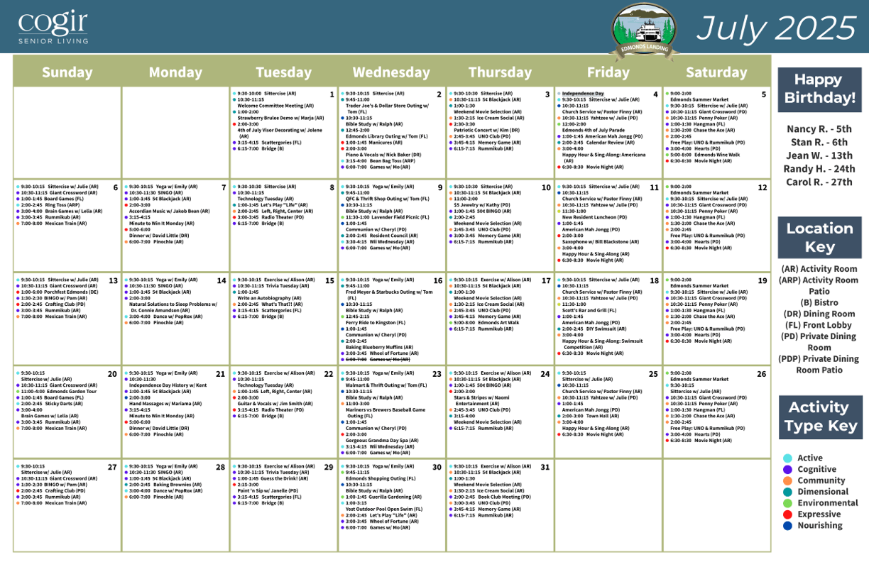 A vibrant calendar showcasing engaging activities, fostering community and connection among residents.