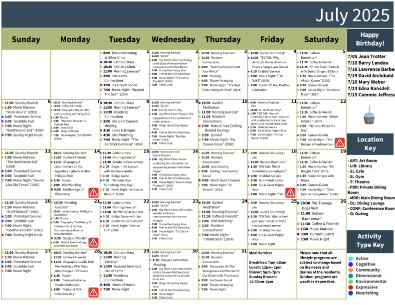 A vibrant calendar showcases engaging activities, fostering community and joy among residents.