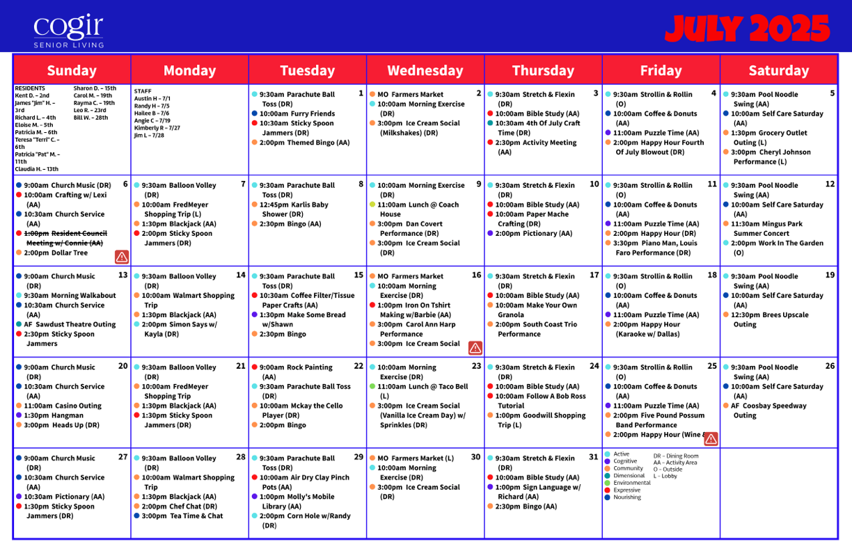 A vibrant calendar showcasing engaging activities, fostering community and joy among residents.