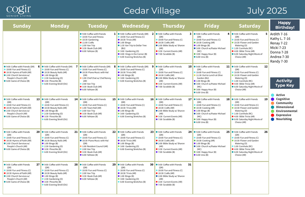 A vibrant calendar showcasing community activities, fostering connection and joy among residents.