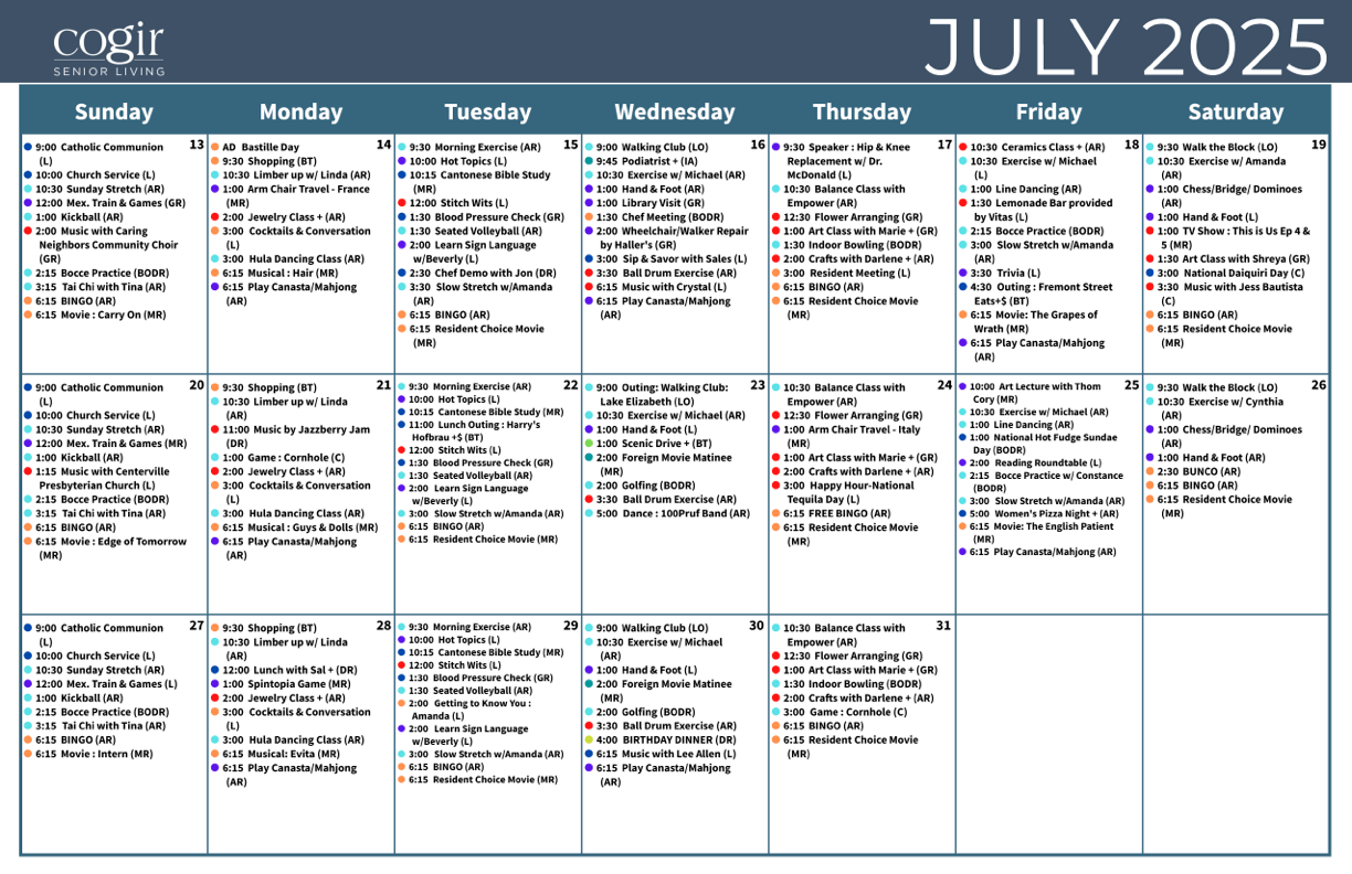 A vibrant calendar showcases engaging activities, fostering community and connection among residents.
