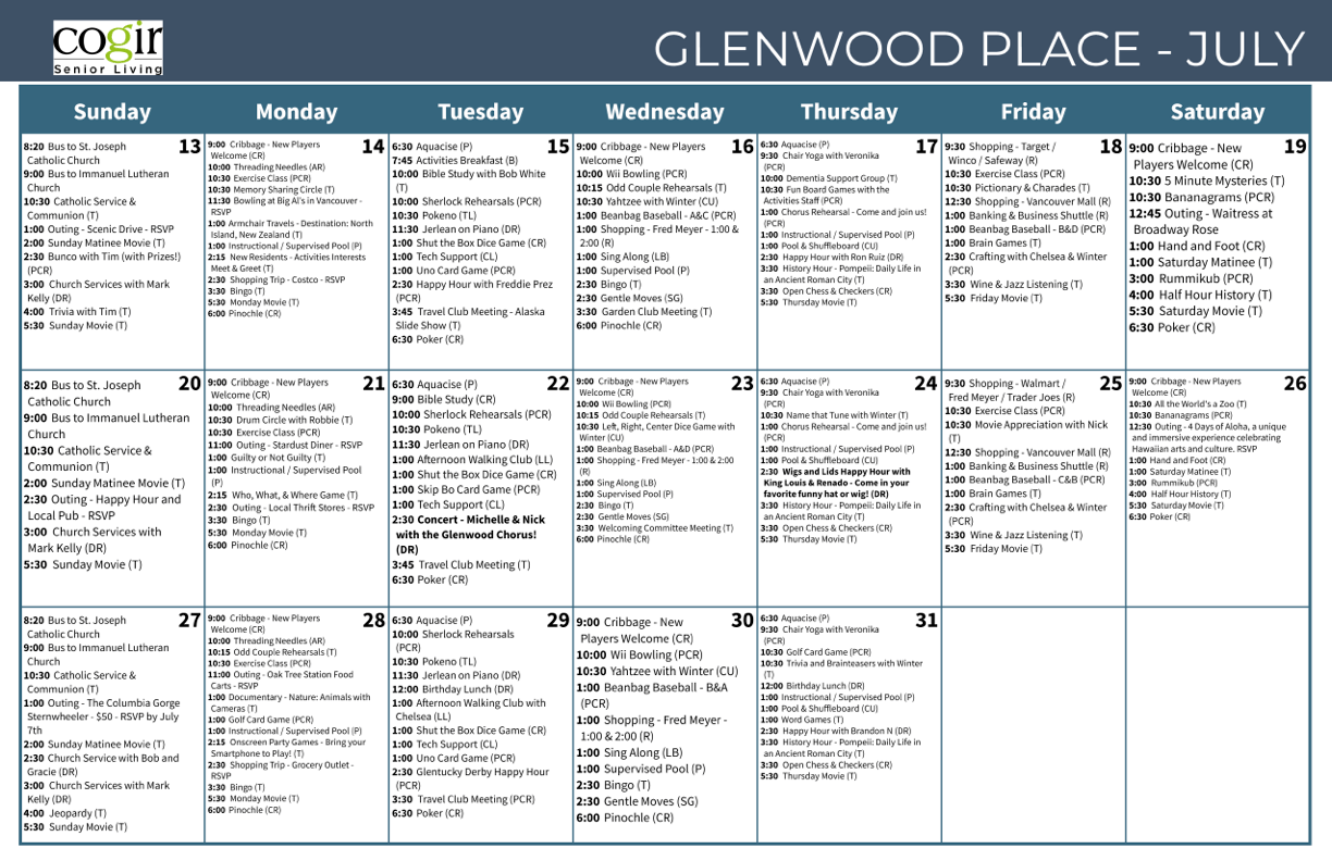 A vibrant calendar showcases engaging activities promoting community and connection, fostering a warm atmosphere.