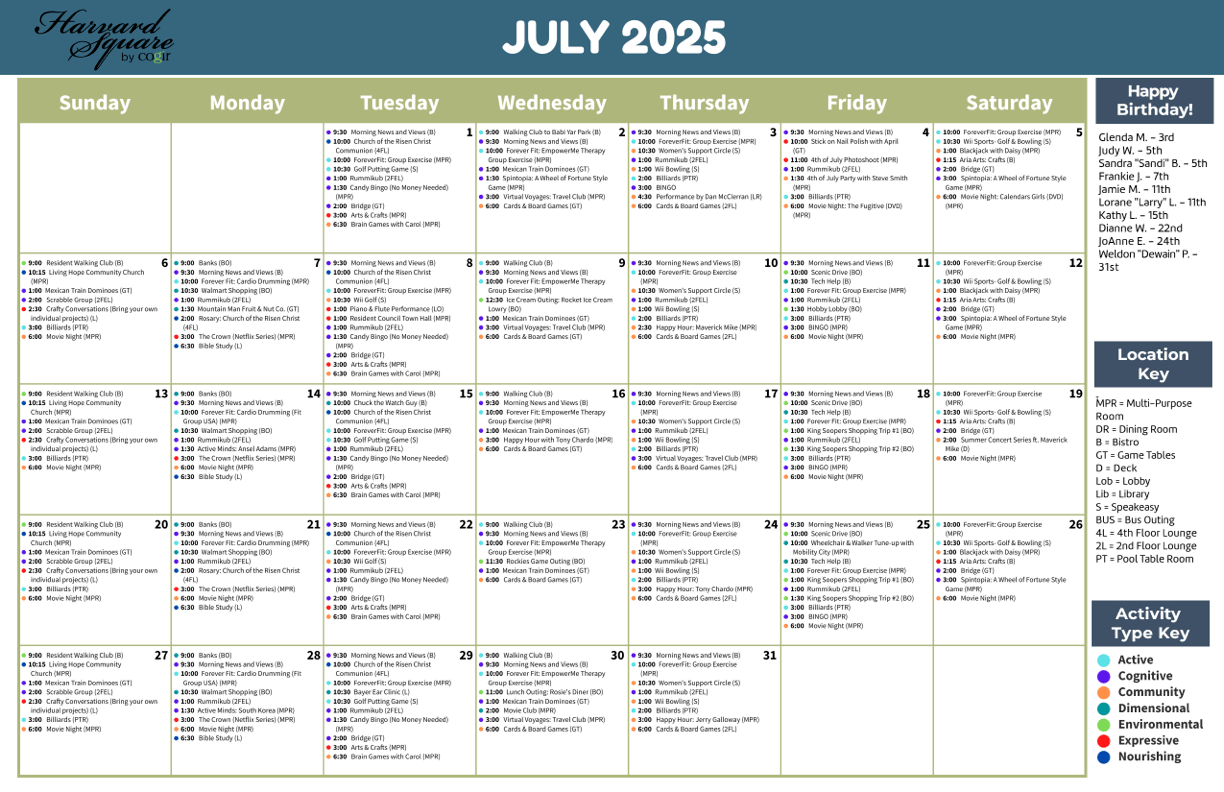 A vibrant calendar showcases community activities, fostering connection and engagement among residents.