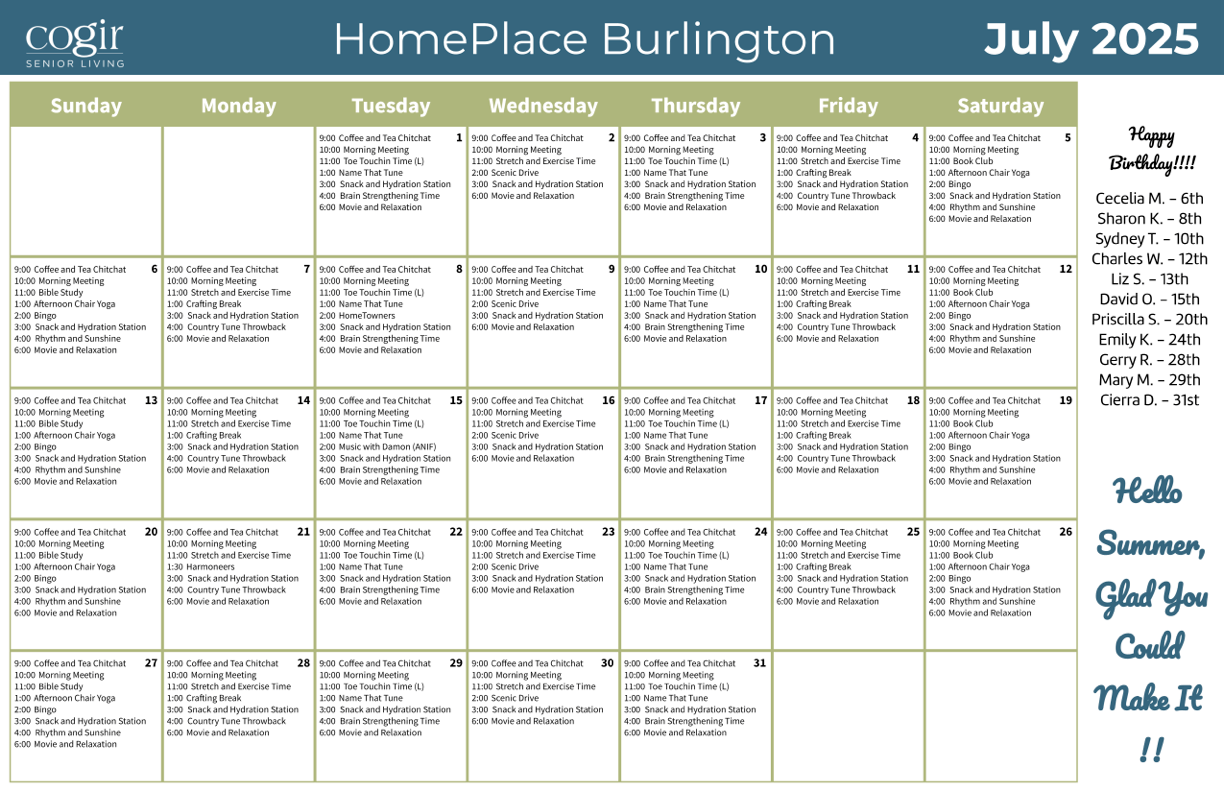 A vibrant calendar showcasing engaging activities, fostering community and connection at HomePlace Burlington.