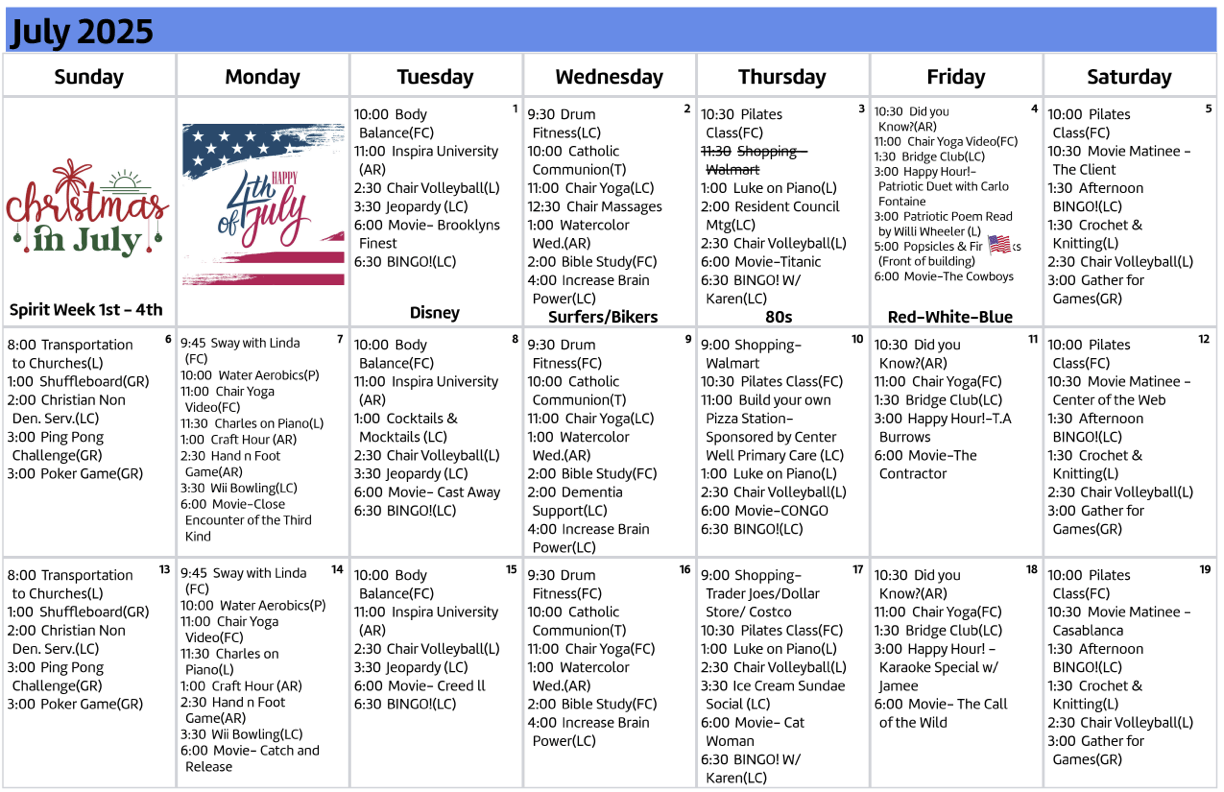 A vibrant calendar showcases engaging activities, fostering community and joy among residents.