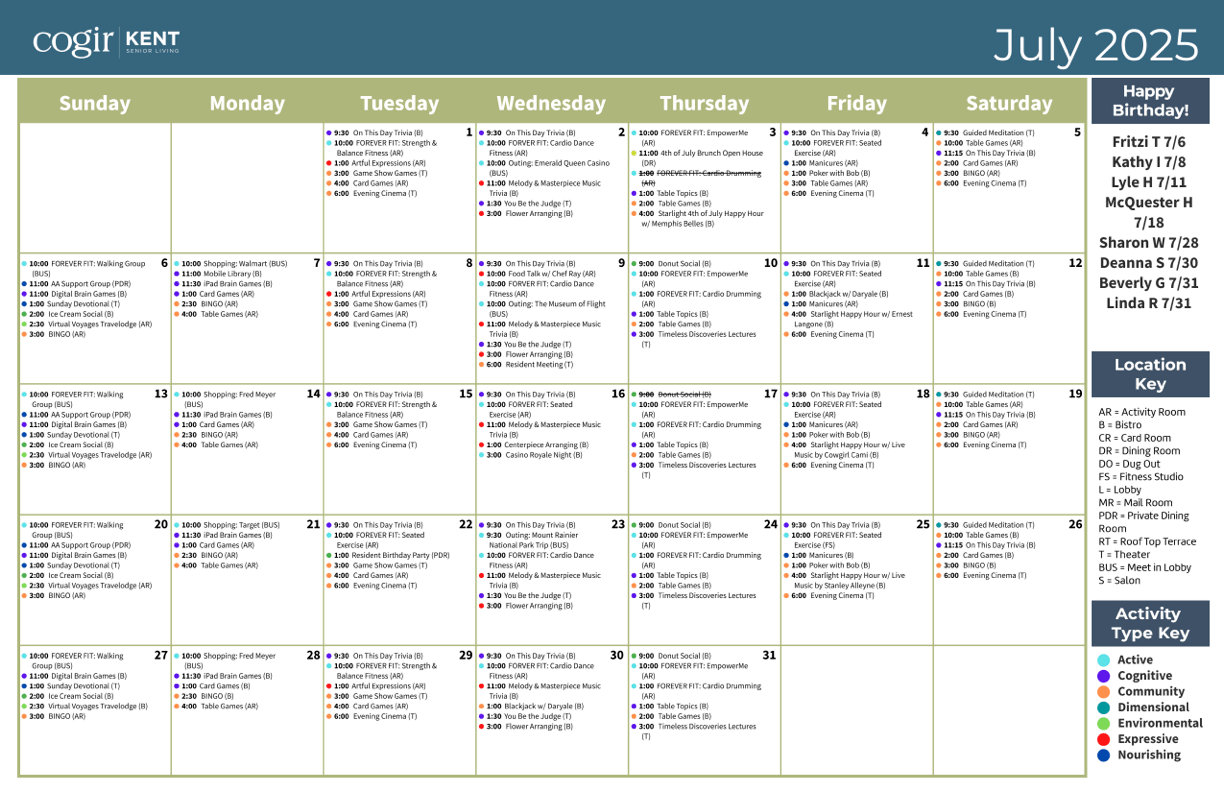 A vibrant calendar showcases community activities, fostering connection and engagement among residents.