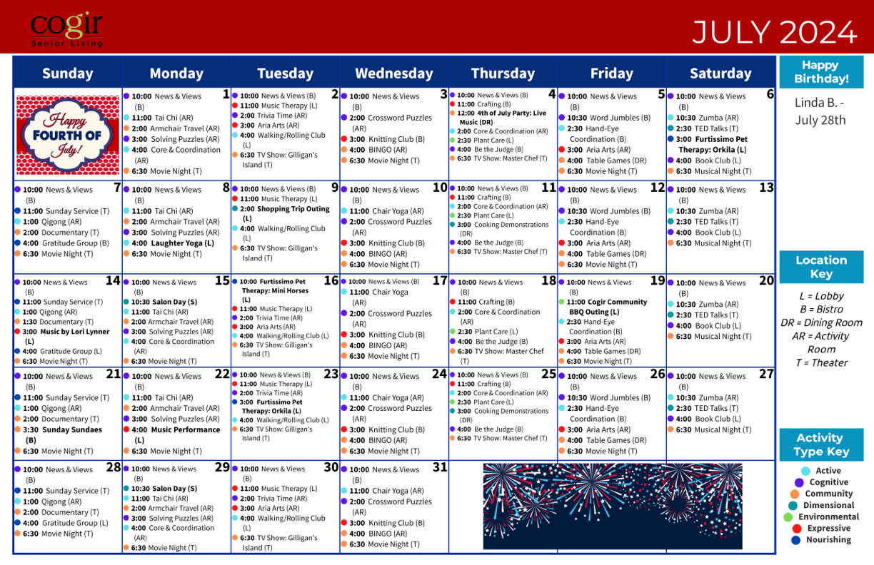 A vibrant calendar showcases engaging activities, fostering community and connection among residents.