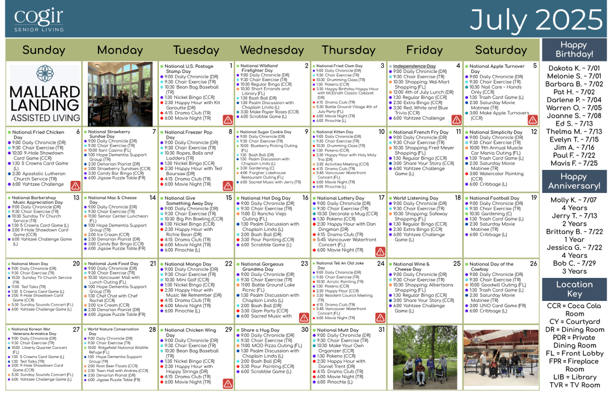 A vibrant calendar showcases engaging activities, fostering community and connection at Mallard Landing.