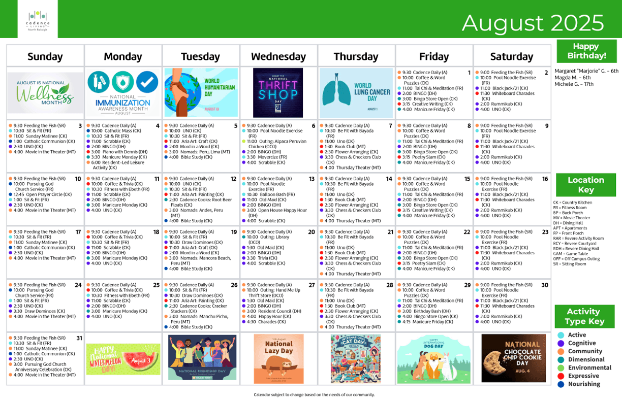 A vibrant calendar showcasing a variety of engaging activities, fostering community and joy.