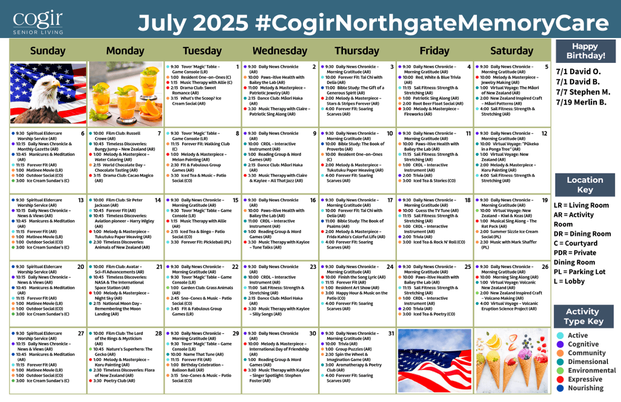 A vibrant calendar showcasing engaging activities, fostering community and joy among residents.