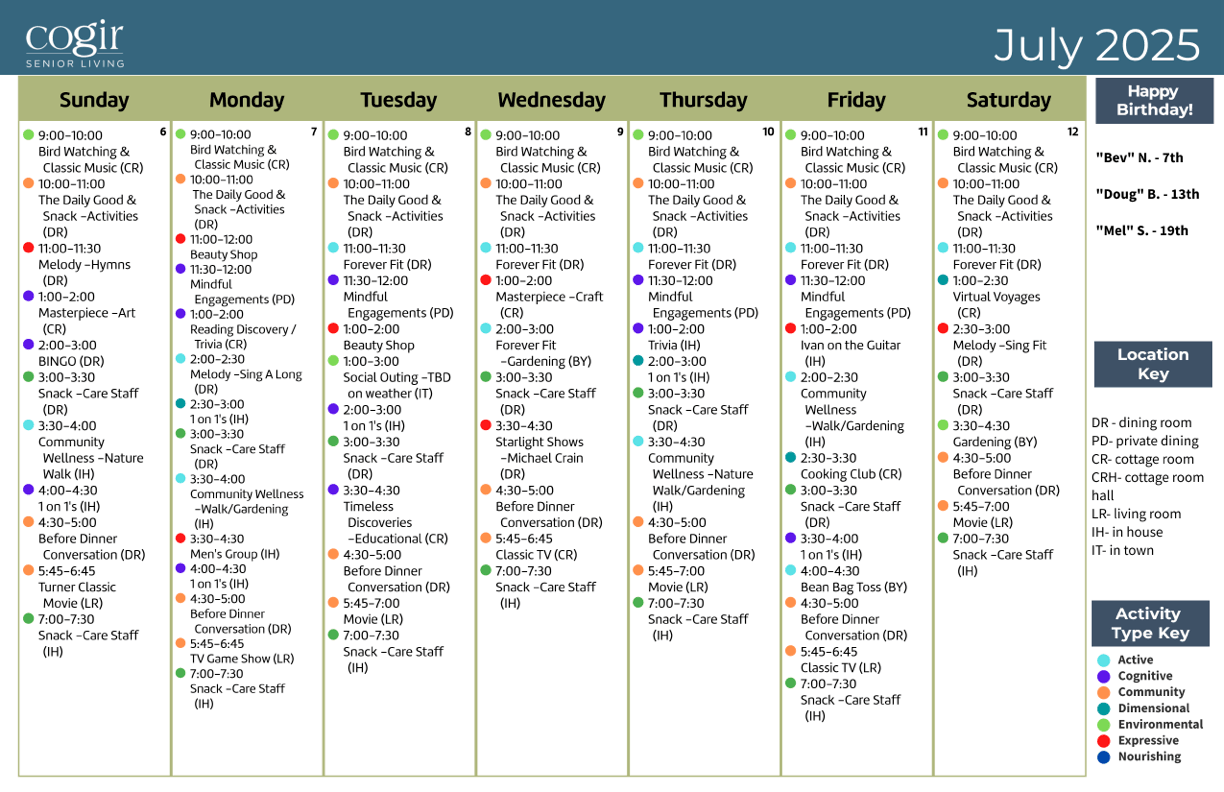 A vibrant schedule highlights engaging activities, fostering community and comfort for residents.