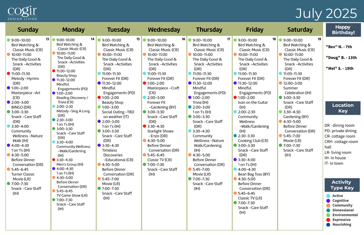 A vibrant calendar showcases engaging activities, fostering community and connection among residents.