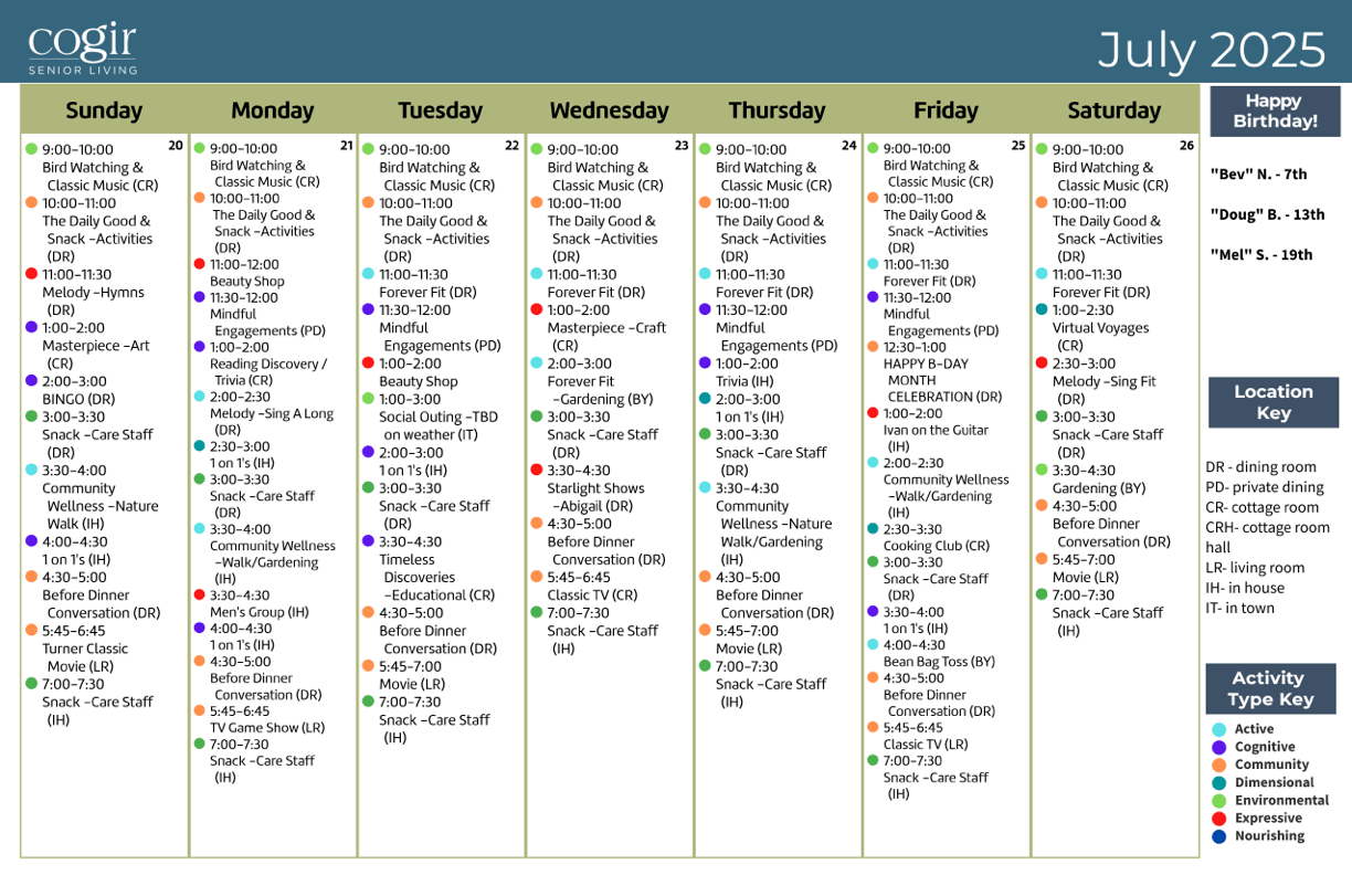 A vibrant calendar filled with engaging activities fosters community and connection among residents.