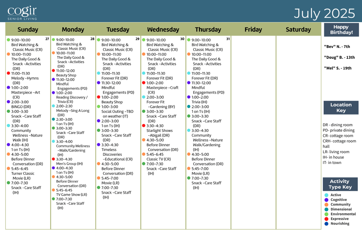 A vibrant calendar showcasing engaging activities fosters community and comfort for residents.