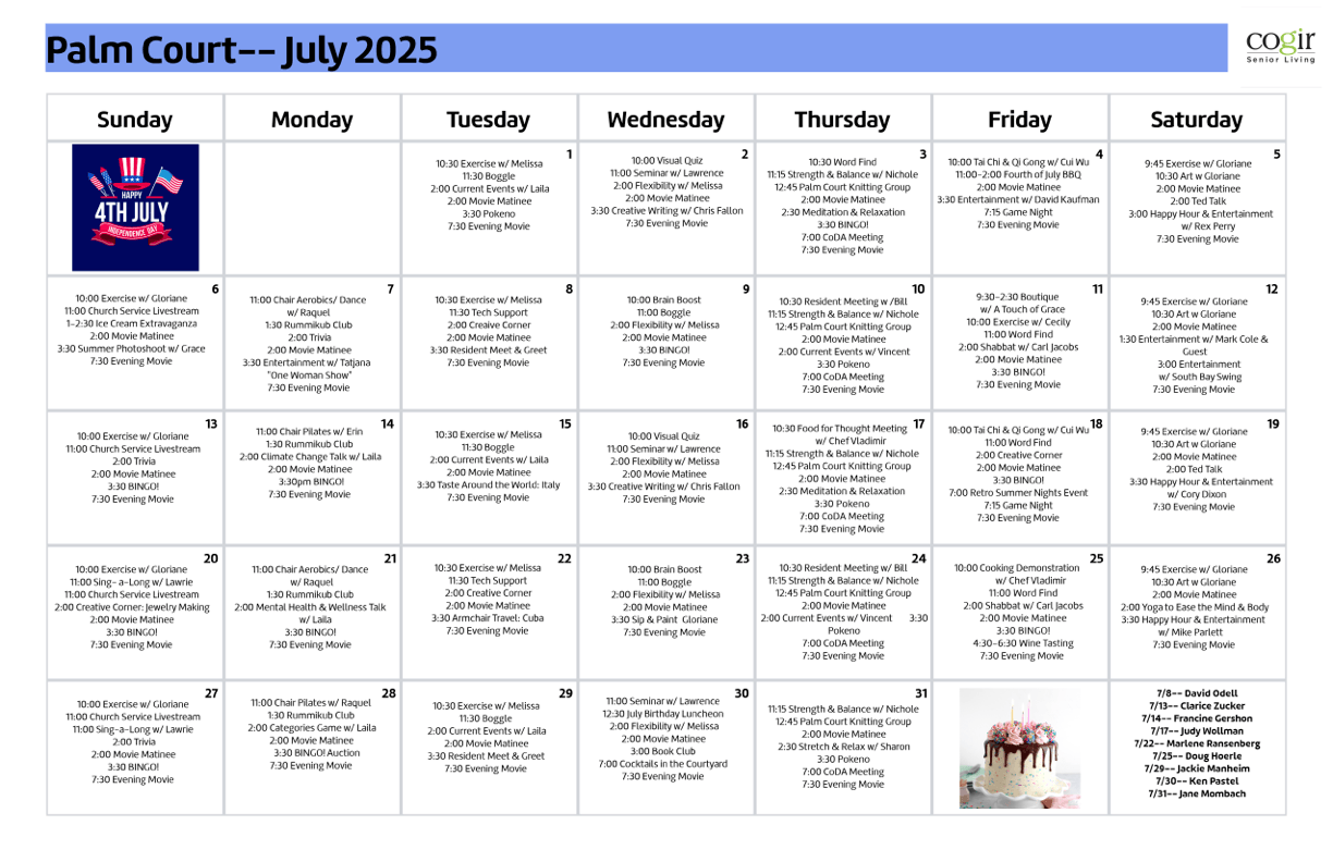 A vibrant calendar showcasing engaging activities and community events for residents, fostering connection and joy.
