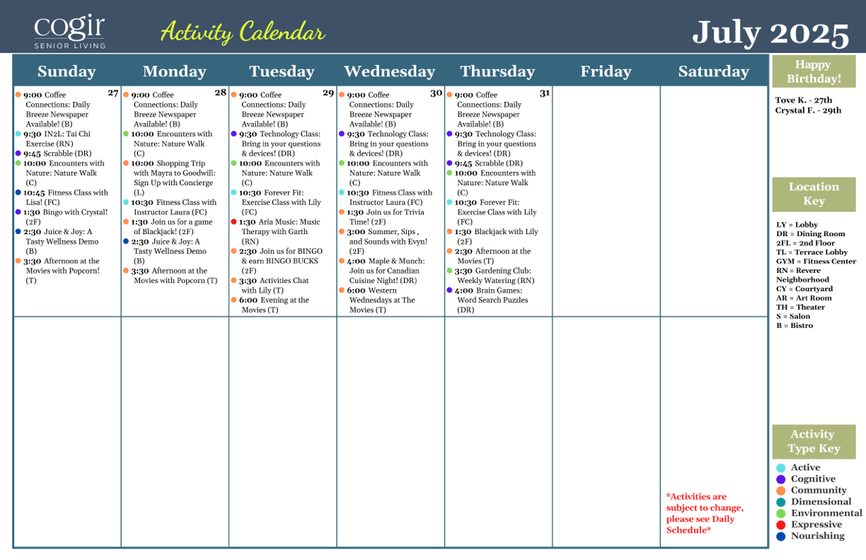 A vibrant activity calendar showcasing engaging events, fostering community and connection.