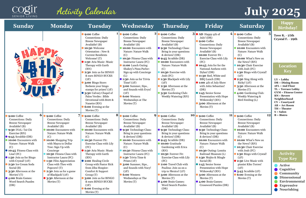 Engaging community calendar highlights joyful activities, fostering connection and comfort for residents.