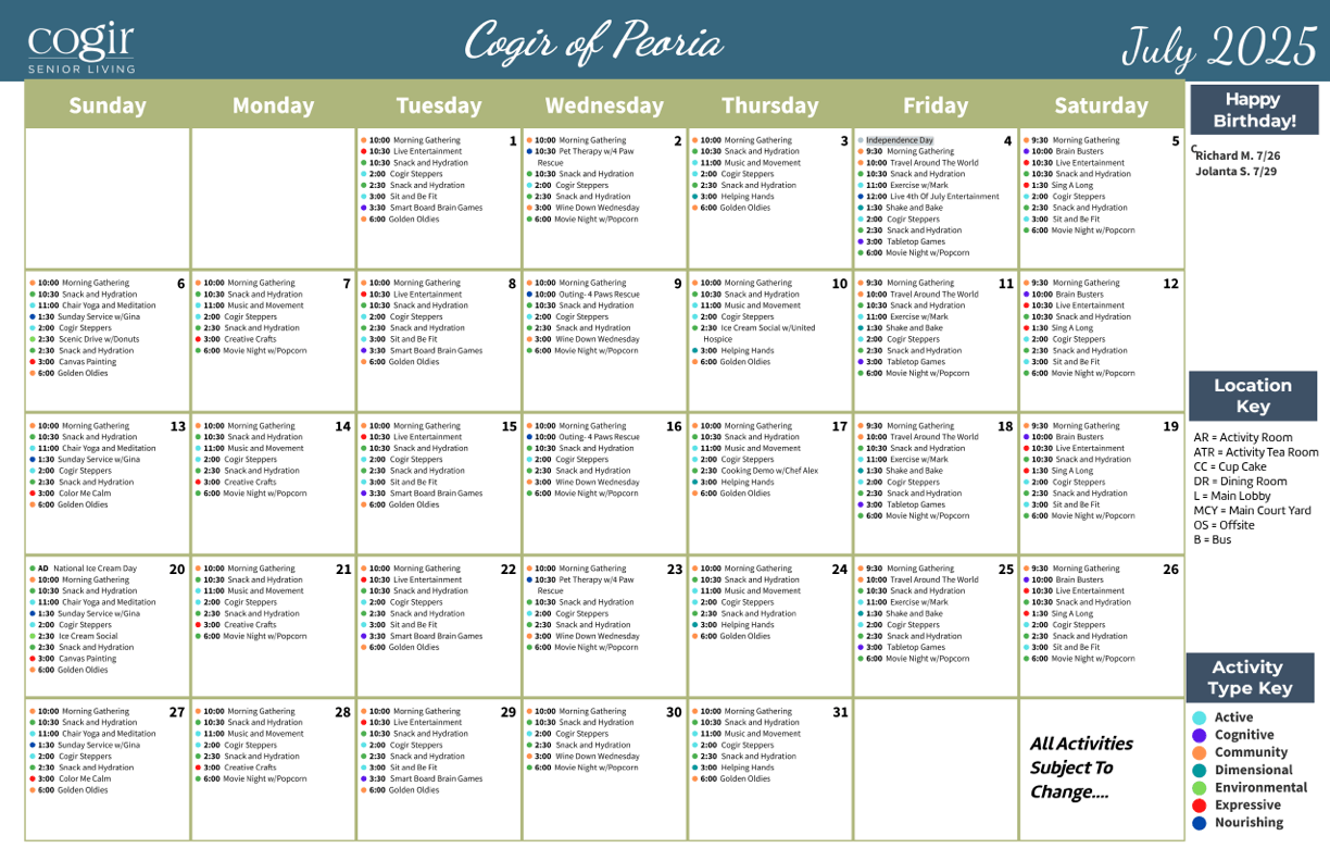 A vibrant calendar showcases a warm community, filled with engaging activities that promote connection and well-being.