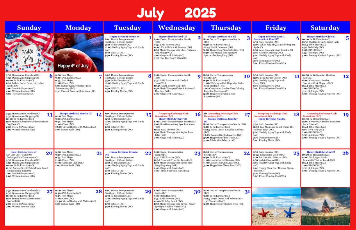 A vibrant calendar showcasing engaging community activities, fostering connection and joy among residents.