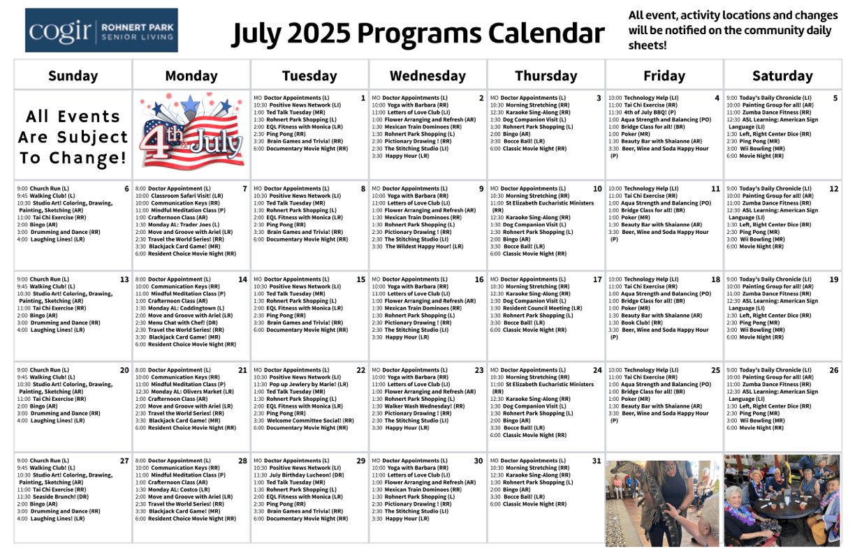 A vibrant calendar showcasing engaging activities, fostering community and joy among residents.