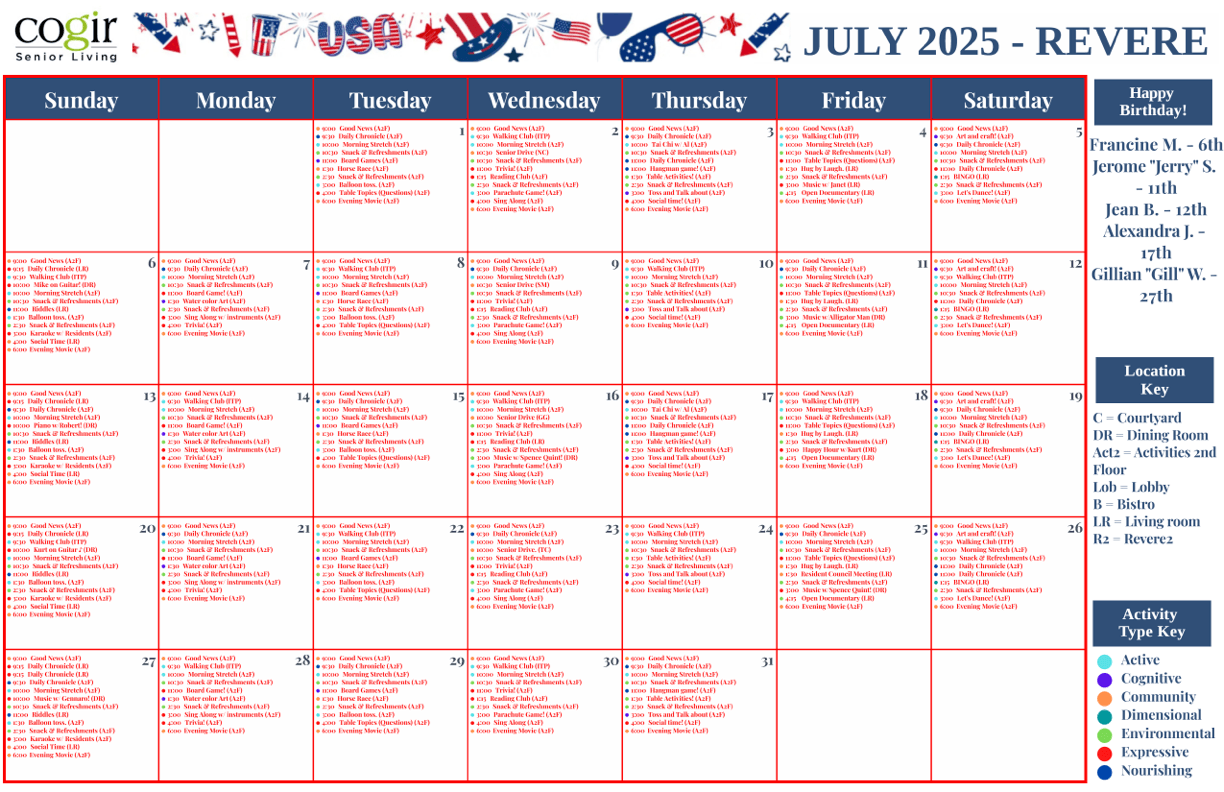 A vibrant calendar showcasing engaging activities, fostering community and connection among residents.