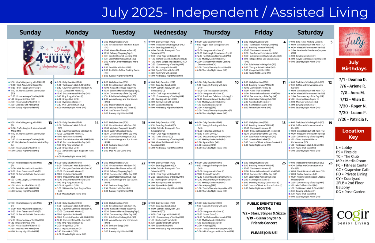 A vibrant calendar showcasing engaging activities, fostering community and connection among residents.