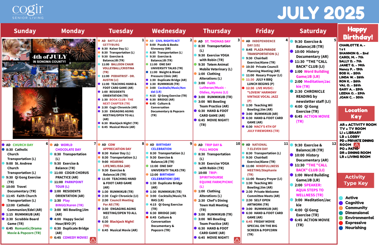 A vibrant calendar highlights community events, fostering joy and connection among residents.