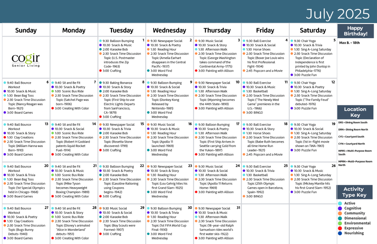 A vibrant calendar filled with engaging activities fosters community and comfort for residents.