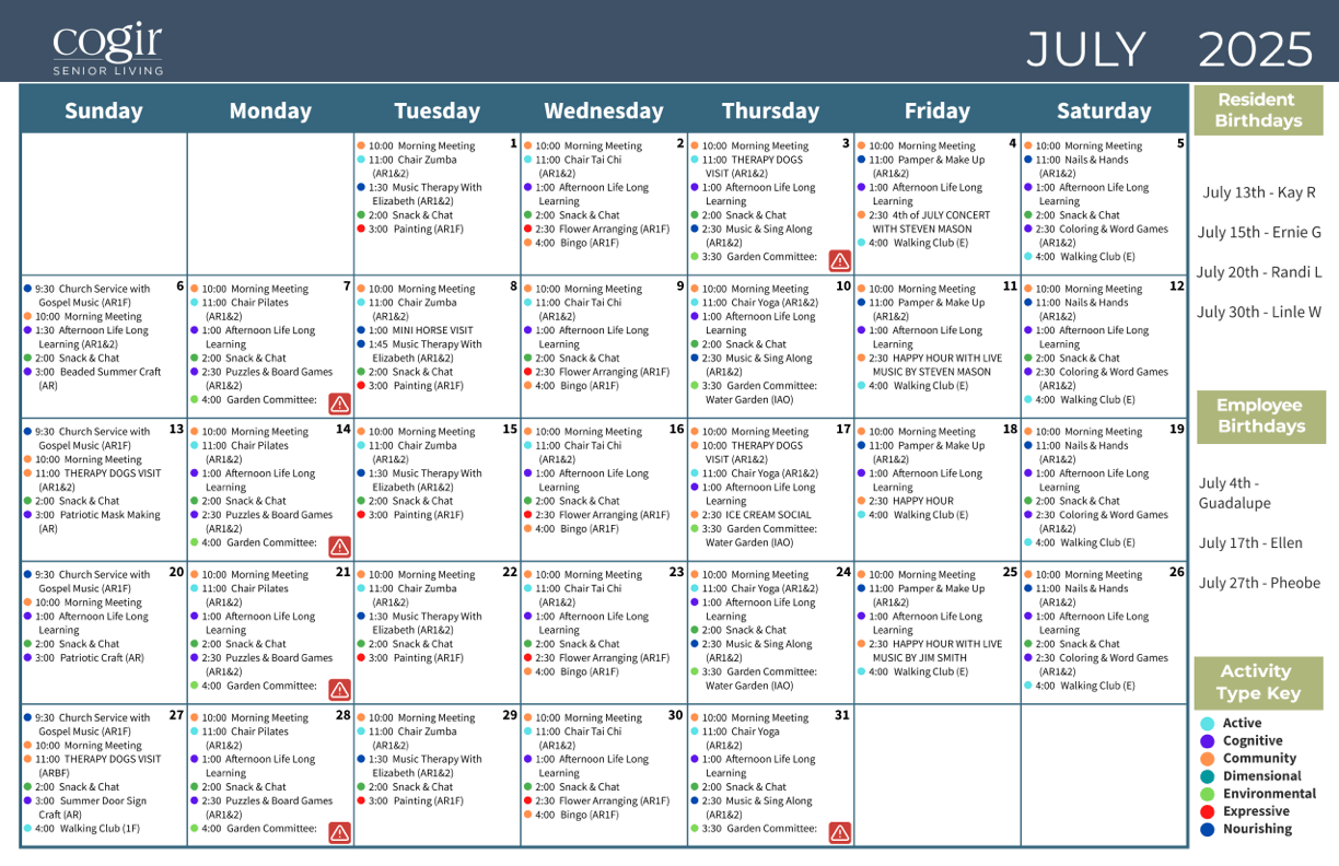 A vibrant calendar showcases a range of engaging activities, fostering community and connection among residents.