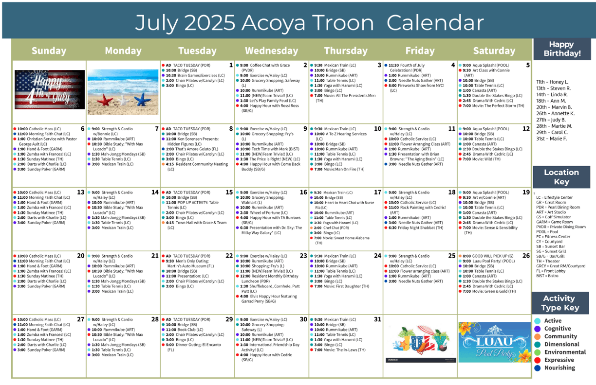 This vibrant calendar showcases a variety of engaging activities, fostering a sense of community and connection. Residents can enjoy events like art classes, game nights, and social gatherings, all designed to promote comfort and camaraderie.