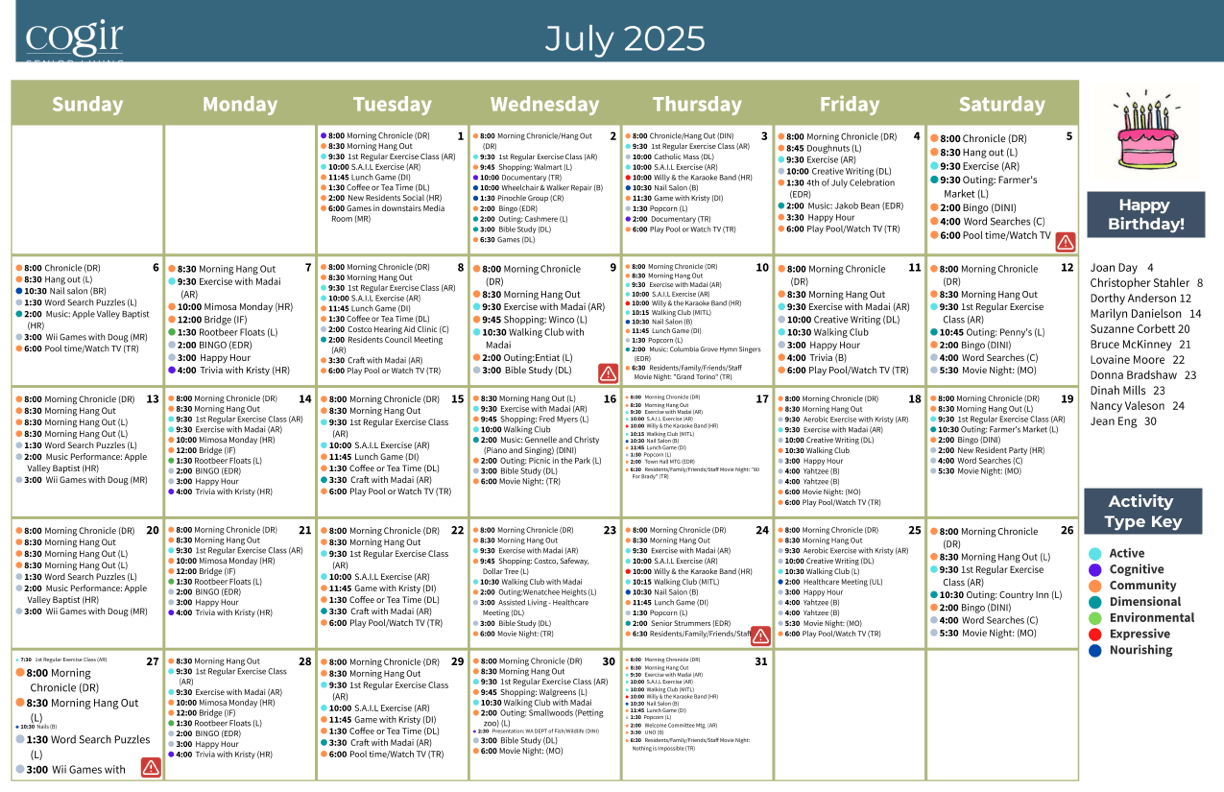 A vibrant calendar showcasing engaging activities fosters a warm sense of community and connection.