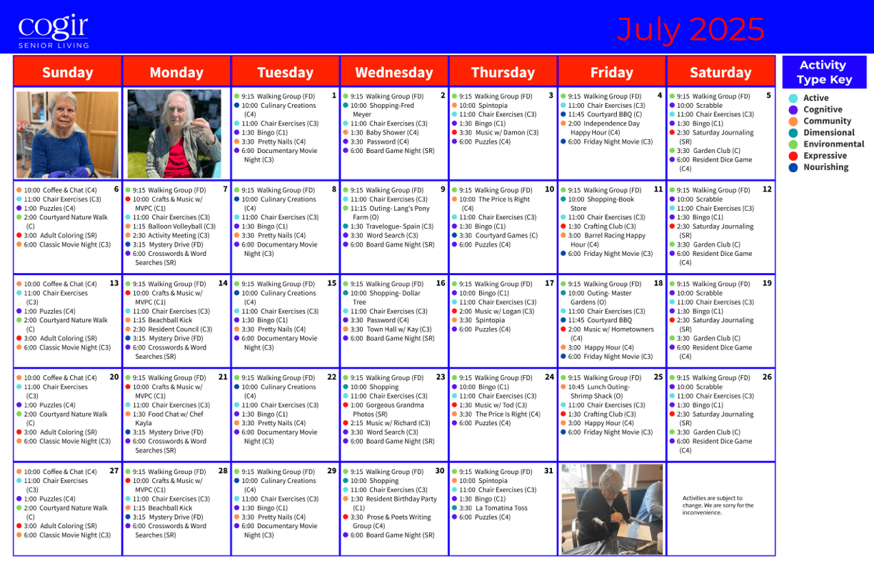 A vibrant calendar showcases engaging activities and fosters a sense of community and joy.