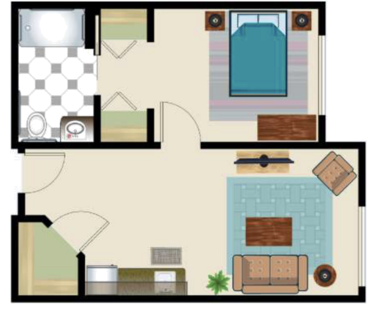 A welcoming layout featuring a serene bedroom, inviting living area, and functional bathroom, promoting comfort and community.