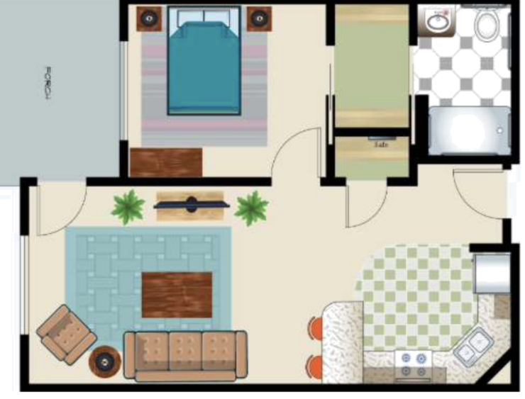 A well-designed living space featuring a cozy living area, inviting bedroom, and accessible amenities.