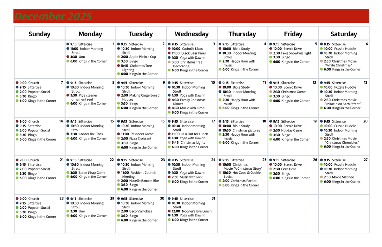 A vibrant calendar showcases community activities, fostering connection and joy throughout December.